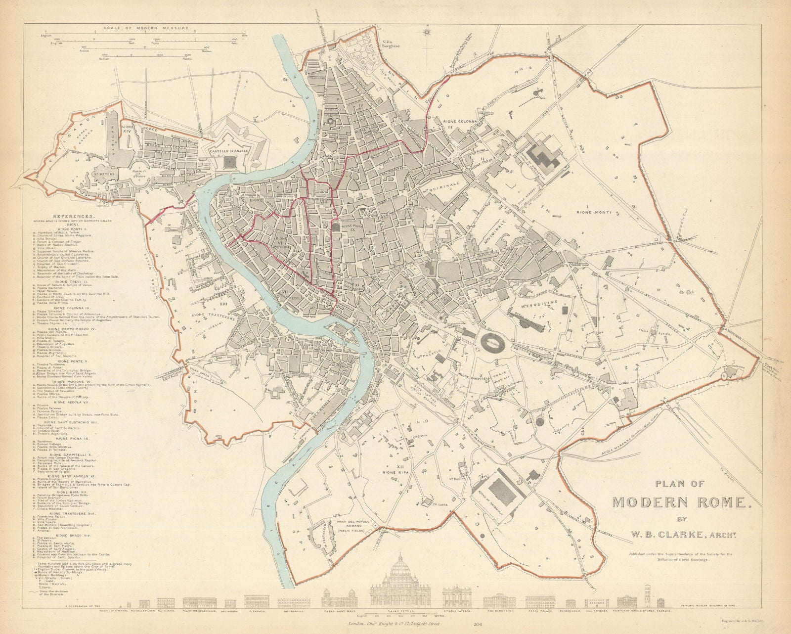 ROME ROMA. Antique town city map plan. Original hand colouring. SDUK 1847